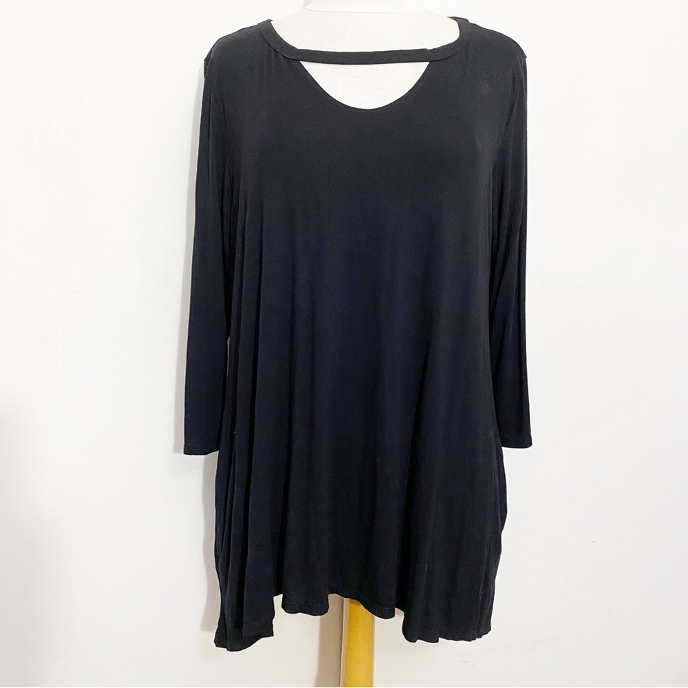 HEIMISH USA strappy neck sharkbite hem knit oversize tunic top side pockets L